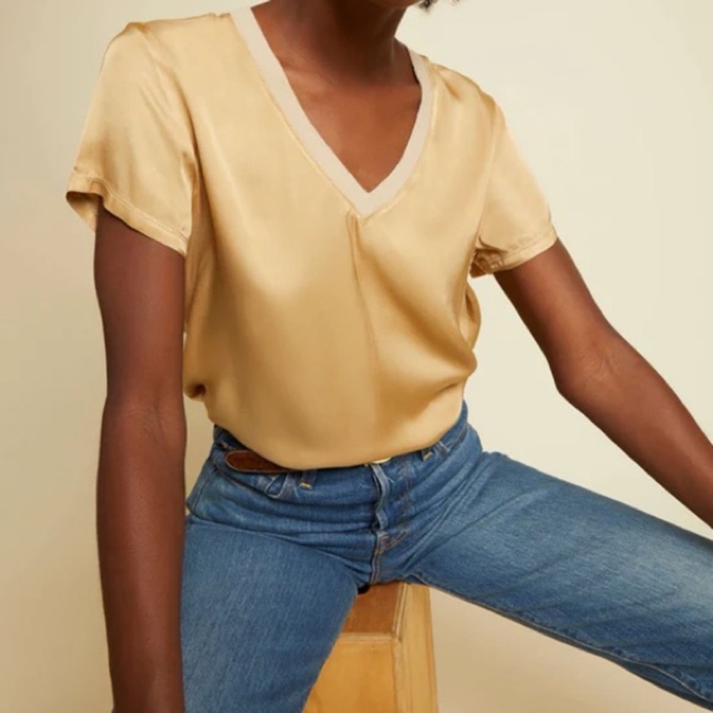 Nation LTD “June” V-Neck Satin Blouse in Gold, sz XS